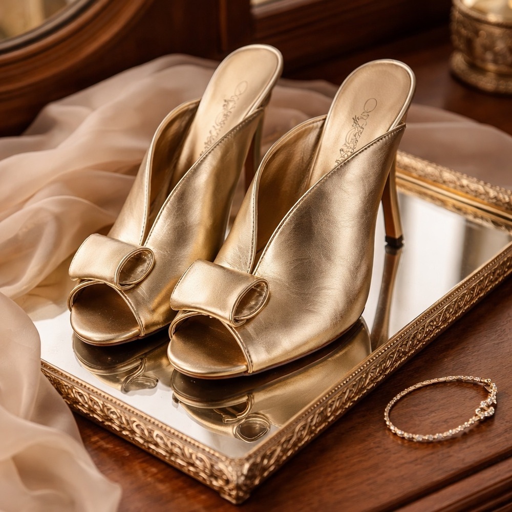 Wild Rose Gold Leather Open-Toe Mule Heels with Bow Detail